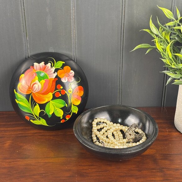 Vintage Khokhloma Trinket Box Hand Painted Folk Art Floral Wood Jewelry Box - Picture 2 of 10